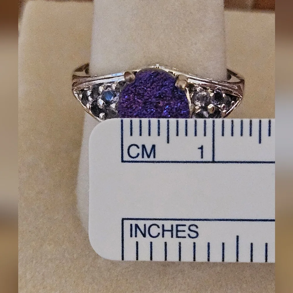 Purple Drusy & Iolite Ring Set In Platinum Over 925 Sterling Silver
